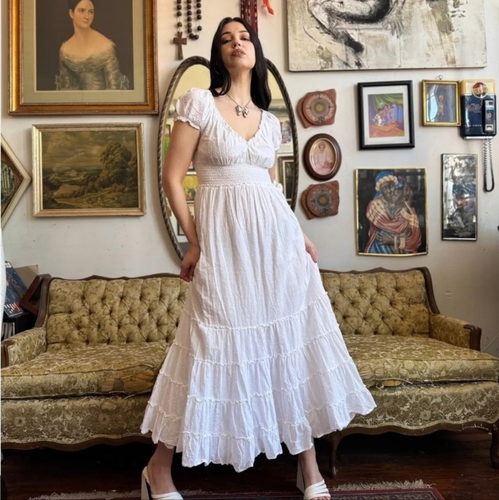 Betsey Johnson Cotton Swiss Dot Cottagecore White Tiered Midi Dress Sz S NWOT